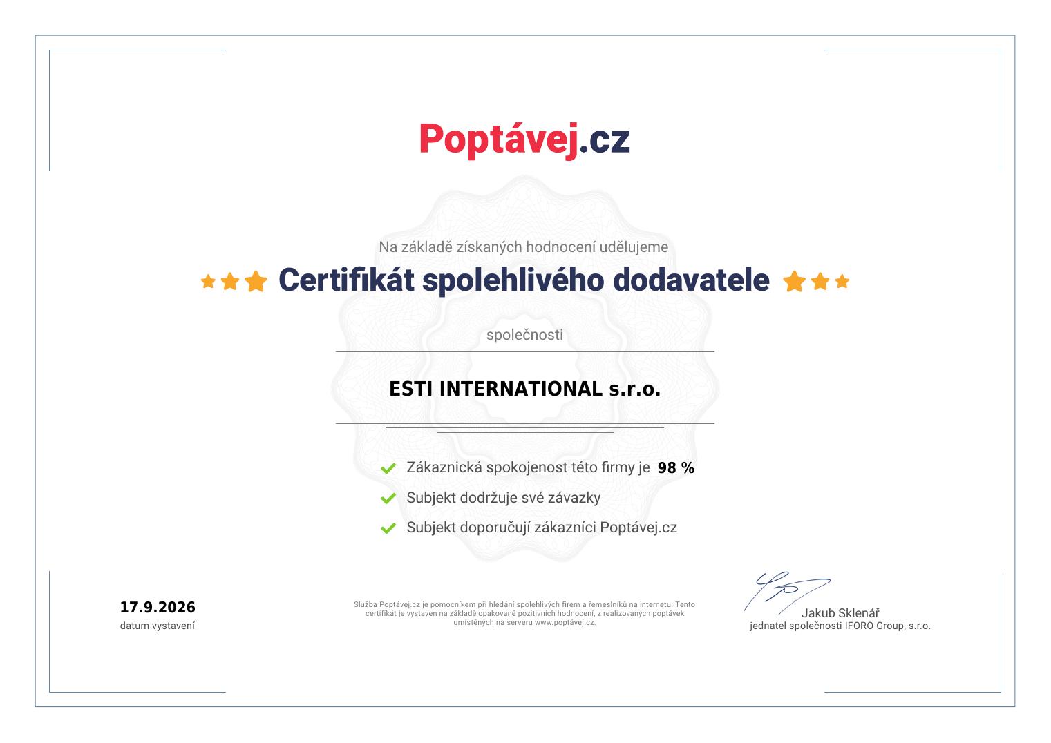 Certifikát spolehlivého dodavatele od Poptávej.cz